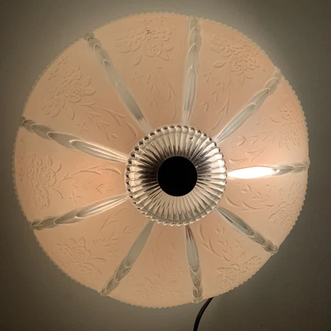 Vintage 1920s 10” Art Deco Pink & Clear Glass Ceiling Light Fixture Dome Shade Cover