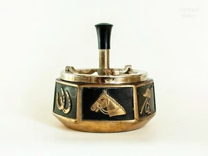 Brass Horse Theme Spinning Push Button Ashtray 1960s/70s Equestrian Vintage - Picture 1 of 13
