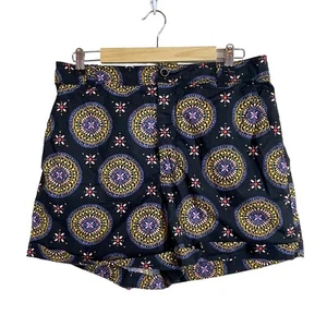 Maeve Anthropologie Cuff City Shorts Black Yellow Blue Batik Print Shirt Size 14 - Picture 1 of 8
