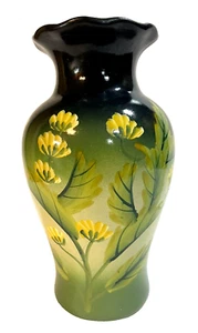 Art Pottery Hand Painted White Clay Vase Yellow Flowers Green Leaves 8” - Picture 1 of 9