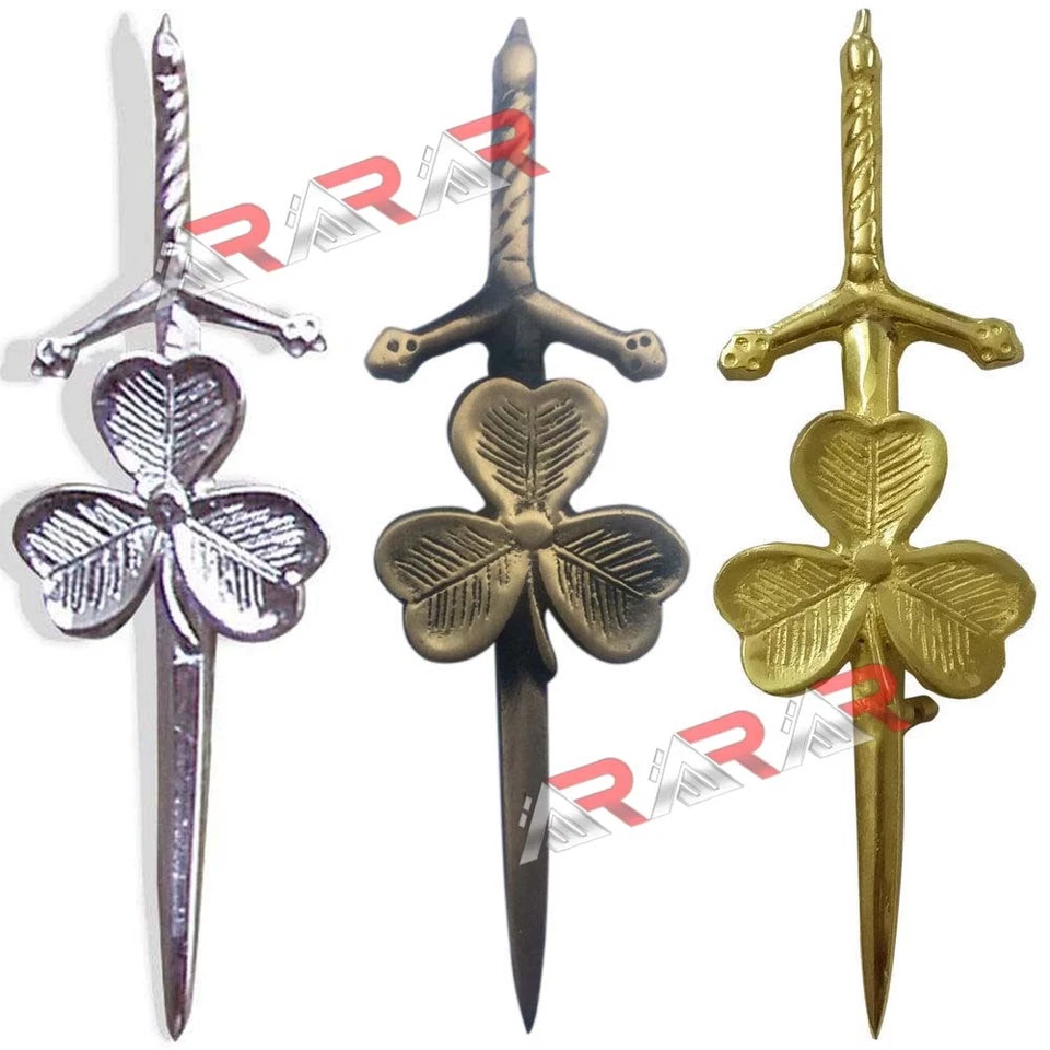 AAR Nuevo Trébol Irlandés Kilt Pin 4" Antiguo Cromo Dorado Acabado Scottish Kilt Pin Foto 1 de 1