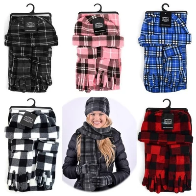 Women's Fleece Hat Scarf & Gloves Plaid Tartan Matching Outfit Winter 3-Pc Sets - Image 1 of 4