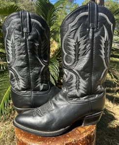 Tony Lama Longhorn Sz 10.5 EEE WIDE Men Boots Black Leather Cowboy 2914 USA MADE - Picture 1 of 10