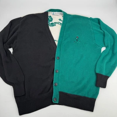 Players By Van Heusen Golf Scene Cardigan Sweater XL Black Green Mens READ - Image 1 of 4