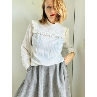 Blusa Pradera Vintage Años 80 Talla Pequeña Crema Crochet Cuello/Puño Boho Cottagecore Foto 1 de 4