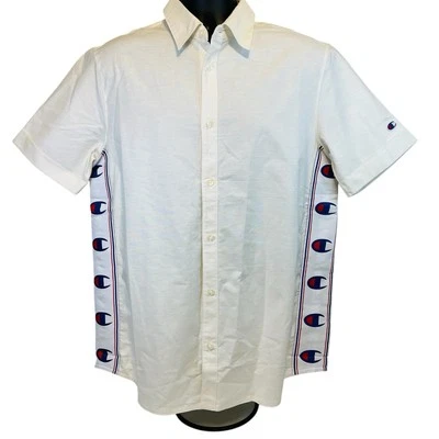 NEW Champion Casual Button Down Skate Logo Shirt Mens Medium Cotton Cream - Image 1 of 4