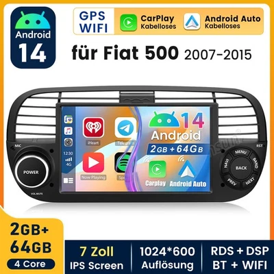 Für Fiat 500 2007-2015 Android14 Autoradio Apple Carplay Navi RDS Bluetooth WIFI - Bild 1 von 4