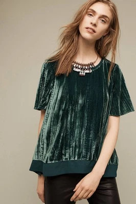 Anthropologie Maeve S Holiday Shirt Emerald Green Crushed Velvet Swing Top - Image 1 of 4