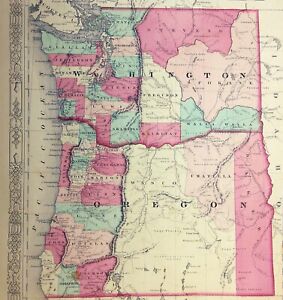 1865 Washington and Oregon Color Map Johnson's Steel Engraving