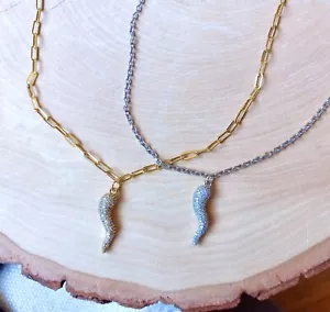 Italian Horn Necklace, Customized Cornicello Necklace, Paperclip, Cable, Clasp - Picture 1 of 8