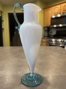 Vtg Italian Empoli Opaline Cased Art Glass Pitcher White Blue Foot Handle READ - Picture 1 of 12