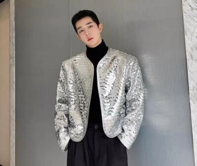 Men's Autumn Fashion Round Collar Long Sleeve Loose Shine Sequins Party Coats - Image 1 of 4