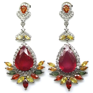 Gema 10 x 14 Mm. Rubí Rojo , Zafiro & Circonita Pendientes 925 Plata Oro Blanco - Imagen 1 de 4