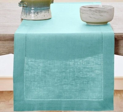 "Corredor de mesa Solino Home 100 % lino puro clásico dobladillo azul agua 14""x108""" Foto 1 de 3