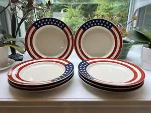 Ralph Lauren HAMPTON'S FLAG Salad Dessert Plate Red Stripes Stars Set Of 8 NEW - Picture 1 of 3