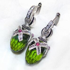 925 Sterling Peridot Faberge Egg Earrings Crystals Genuine Garnets Enamel Hoops