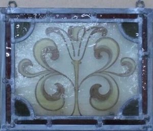 VICTORIAN HAND PAINTED LEADED STAINED GLASS WINDOW Unframed w Hooks 9 3/4" x 8" - Picture 1 of 3