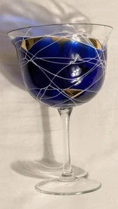 Crystal Sagrada 9 1/4" Stained Wine Glass Cornet Barcelona Colbalt Blue & Gold - Picture 1 of 21