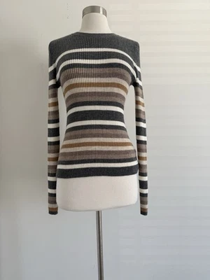 THEORY 100% CASHMERE STRETCH STRIPED CREW NECK LONG SLEEVE SOFT SWEATER SZ  L - Image 1 of 4
