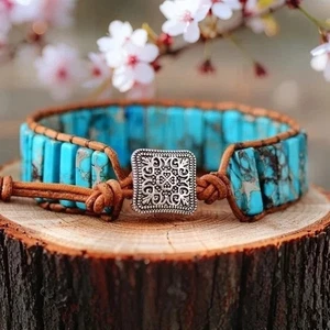Turquoise Tube Bracelet Leather Natural Braided for Protection Healing Handmade - Picture 1 of 13
