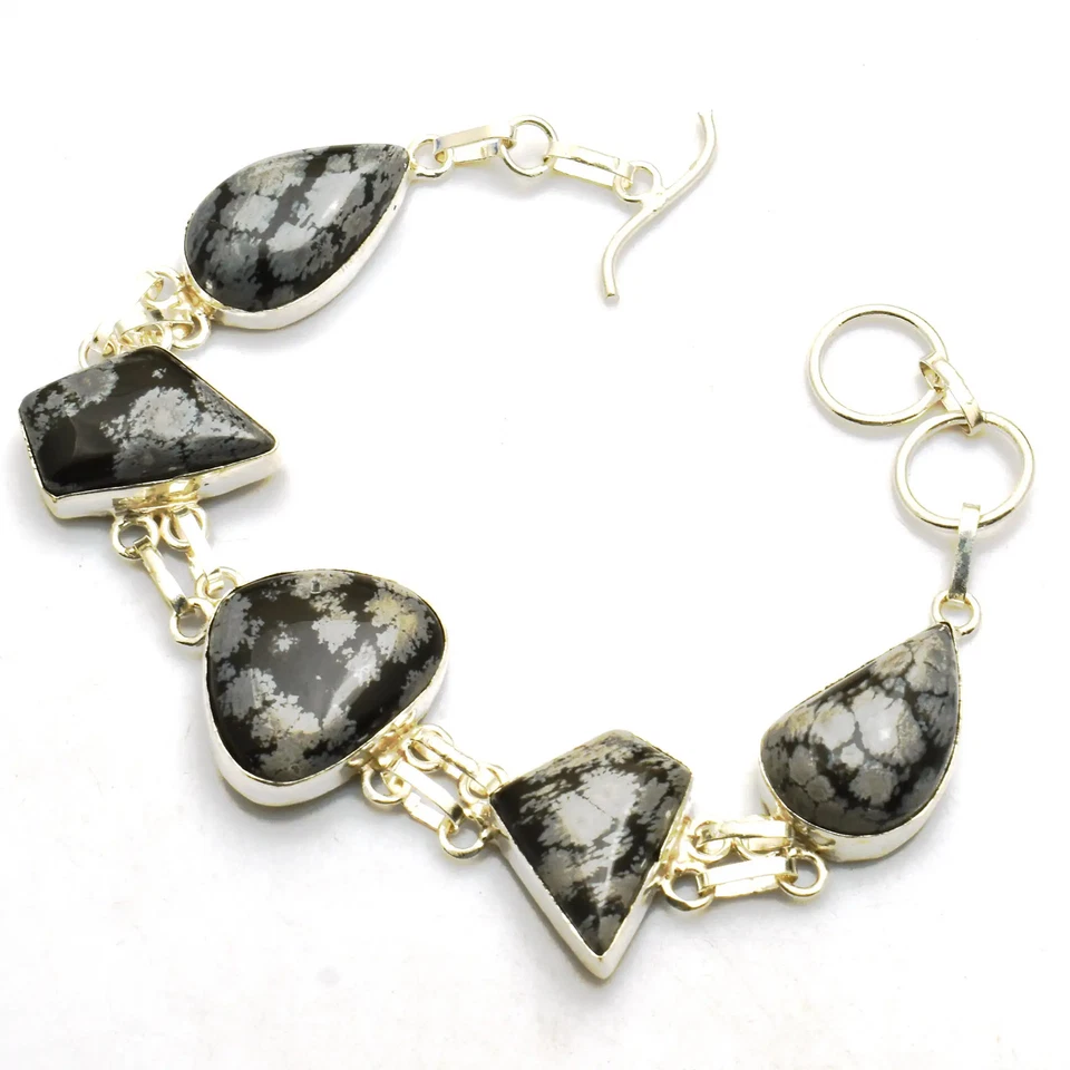 Pulsera étnica hecha a mano de piedras preciosas obsidiana copo de nieve 26 Gms AB 25729 Foto 1 de 1