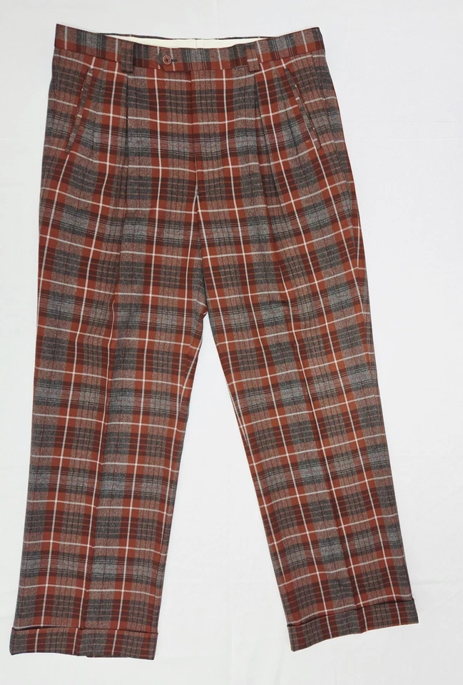 Pantalones Giorgio Brutini Para Hombre 38x35 Rojo/Gris Cuadros Tartán Puños Dobladillo Plisado Pantalones Foto 1 de 4