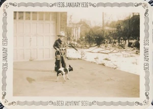 Snapshot Vintage Photo Little Boy Cowboy Costume Dress Up Lasso Dog Tug of War - Picture 1 of 7