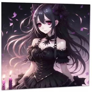 Anime Gothic Girl Greeting Card - Cute Goth Girl Birthday Card 145mm x 145mm - Picture 1 of 6