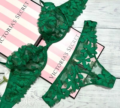 Victoria's Secret LUXE Unlined Floral Embroidered Demi Bra Thong Set Green Verde - Image 1 of 2
