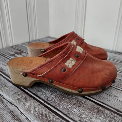 Zuecos de Colección Dr. Scholl's Naranja-Rojo Cuero Tachonado Madera Algodón Trenza Talla 6 Boho Foto 1 de 4