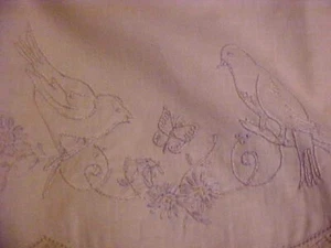 Vint. Embroidered Bolster Pillowcase w/ White Birds & Butterflies, White Crochet - Picture 1 of 3