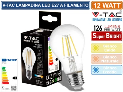 V-TAC VT-2133 LAMPADINA LED E27 12W BULBO A60 GOCCIA FILAMENT VETRO TRASPARENTE - Immagine 1 di 3