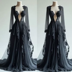 Gothic Black Wedding Dresses Long Sleeves Victoria A Line Deep Neck Bridal Gowns - Picture 1 of 9