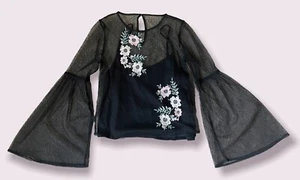 Hollister Womens Long Sleeve Black Sheer Top Size XS Embroidered Mesh Y2K Look - Picture 1 of 6
