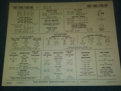 Ford Fairlane 1963 221 y 260 V-8 motor parasol tabla de puesta a punto/artículo útil Foto 1 de 2