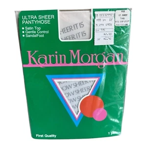 Vintage Karin Morgan First Quality Ulta Sheer Pantyhose Satin Top Tall Lt Gray - Picture 1 of 2