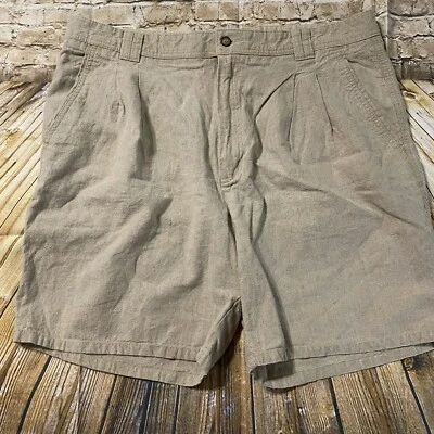 Baxter Brand Natural Mens 40 X 9 Tan Linen Cotton Pleated Chino Shorts - Image 1 of 4
