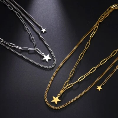 Collana catena in acciaio ciondolo stella donna uomo girocollo a doppio strato  - Immagine 1 di 4