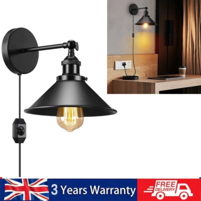 Industrial Plug In Wall Light Indoor Fitting Black Lampshade 2m Cable Wall Lamp - Image 1 of 4
