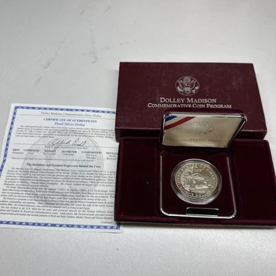1999 Dolley Madison Silver Dollar Commemorative $1 Coin Proof COA Velvet ￼Case - Image 1 of 4