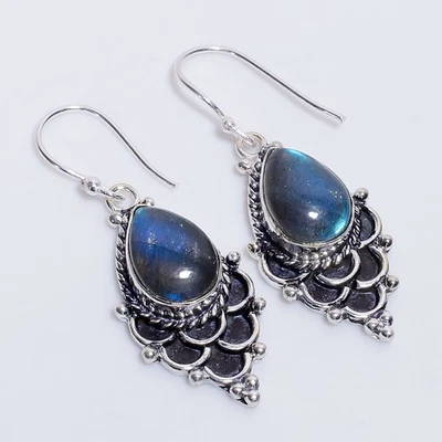 Pendientes de plata de ley 925 hechos a mano vintage de piedras preciosas de labradorita 1,9" Z413 Foto 1 de 4