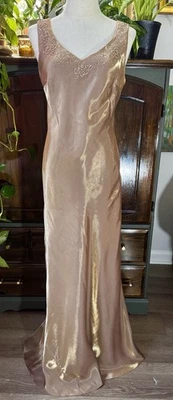 Sz 10 Champagne Shimmer Gold Formal Evening Dress Gown Beaded Mermaid Long Large - Image 1 of 4