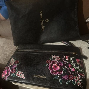 Vera Bradley Pebbled Black Leather MIA Wristlet Clutch Kiev Needlecraft ~ Rare! - Picture 1 of 18