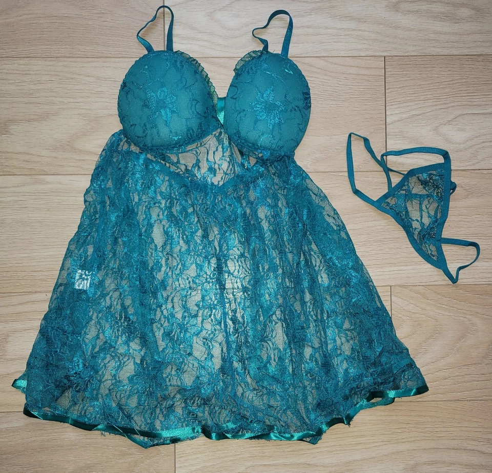 New 2 Piece Green Lace Babydoll Set Lingerie Set Size UK 14 - Image 1 of 2