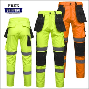 Men's Hi Vis Softshell Holster Work Cargo Trouser - Waterproof Knee Pad Pockets - Picture 1 of 14