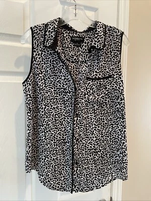 Blusa Liz Claiborne Mujer Negra Blanca Estampado Animal Sin Mangas Botón Talla S Foto 1 de 3