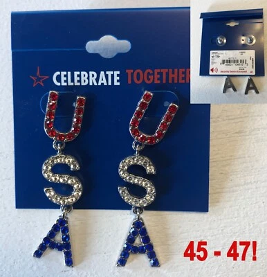 NEW Americana 45-47 USA Rhinestone Dangle 2.25" USA Red Silver Blue Earrings NWT - Image 1 of 4