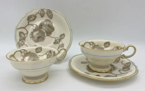 Set of 2 Castleton China GLORIA Teacups and Saucers Taupe Roses Blue Trim! - Picture 1 of 9