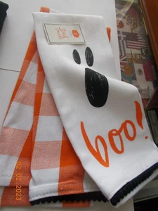 2 Nuevos Plato/Toallas de Té 25"" x 15"" Naranja Blanco y Negro Temático de Halloween - Imagen 1 de 4
