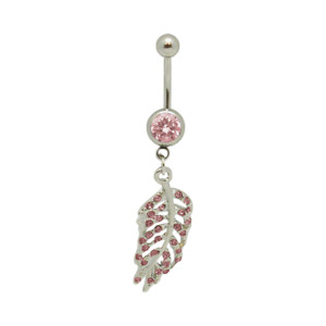 Belly Navel Ring Surgical Steel Dangle Paved CZ Feather Leaf Design